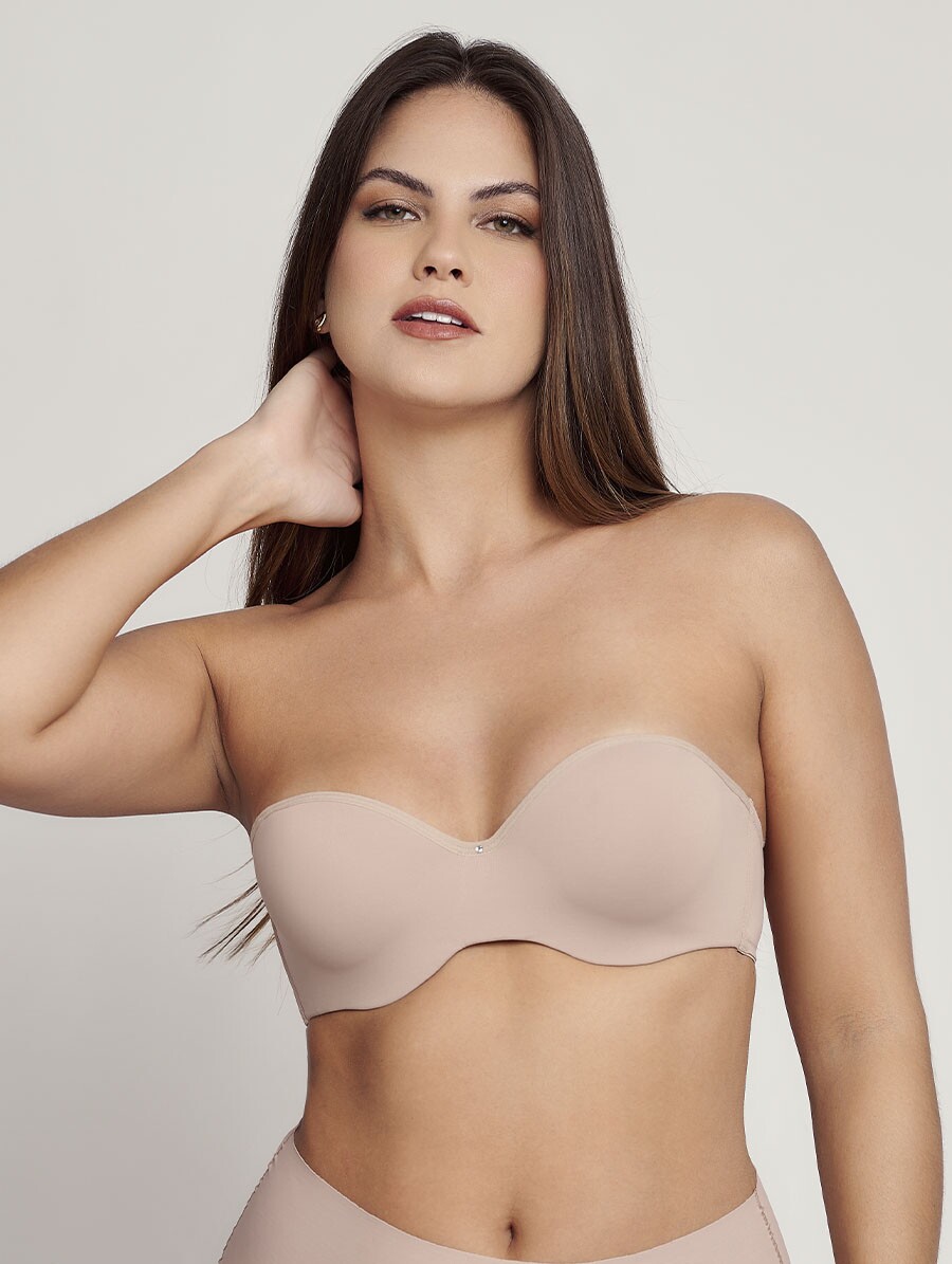 top-tomara-que-caia-essencial-nude_1 Sutiã Tomara que Caia Tina Essencial com bojo inteiro recoberto em microfibra, alças removíveis e ponto de luz central.