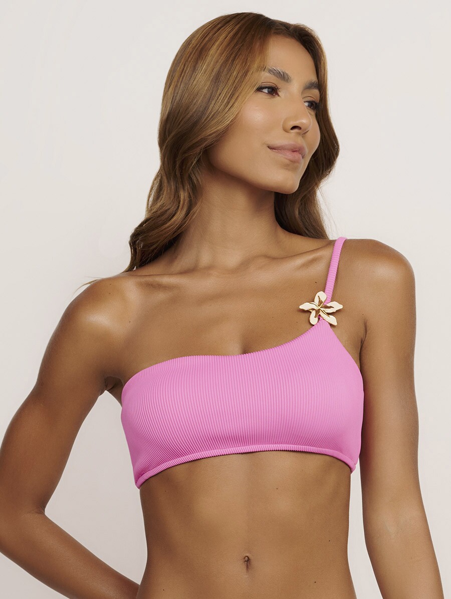 3 Top um ombro só assimétrico rosa em microfibra canelada, moderno e sofisticado