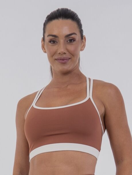 Top Nadador Bicolor Terracota e Off White Belles Active com alças duplas e Proteção UV 50+.