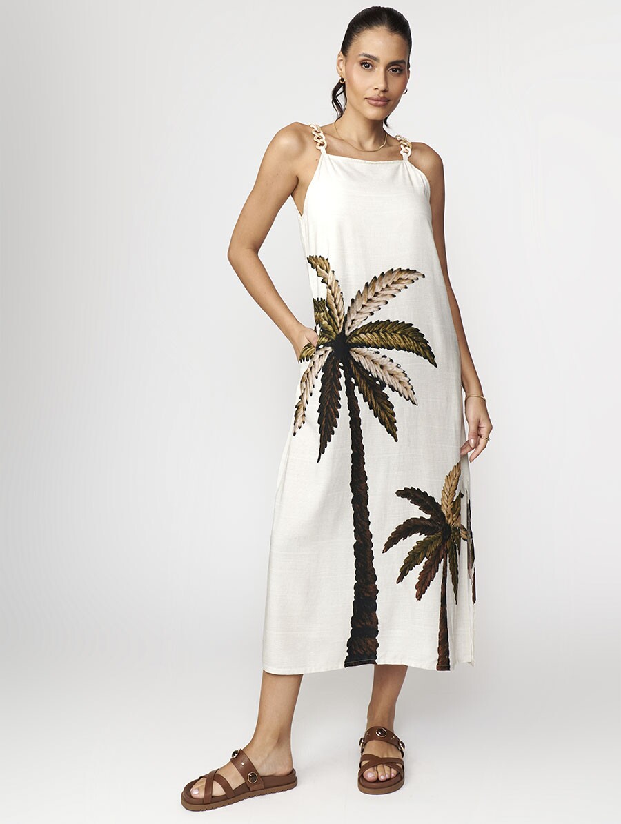 Vestido midi estampa coqueiro com fenda lateral leve e fresco para dias quentes Belles